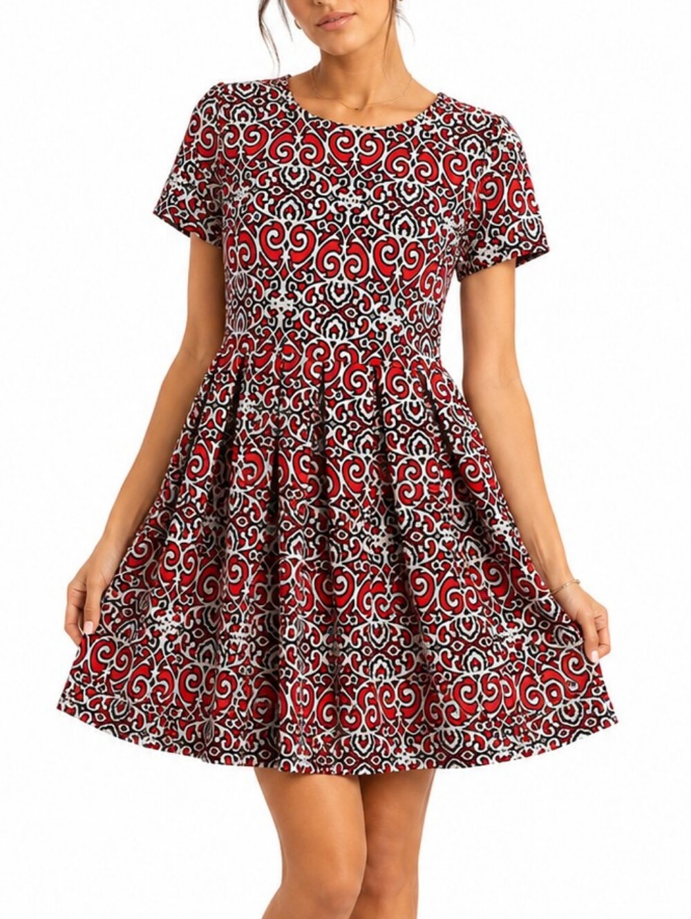 LuLaRoe Amelia Dress Size M Red Black White Scroll Print Fit & Flare Pockets
